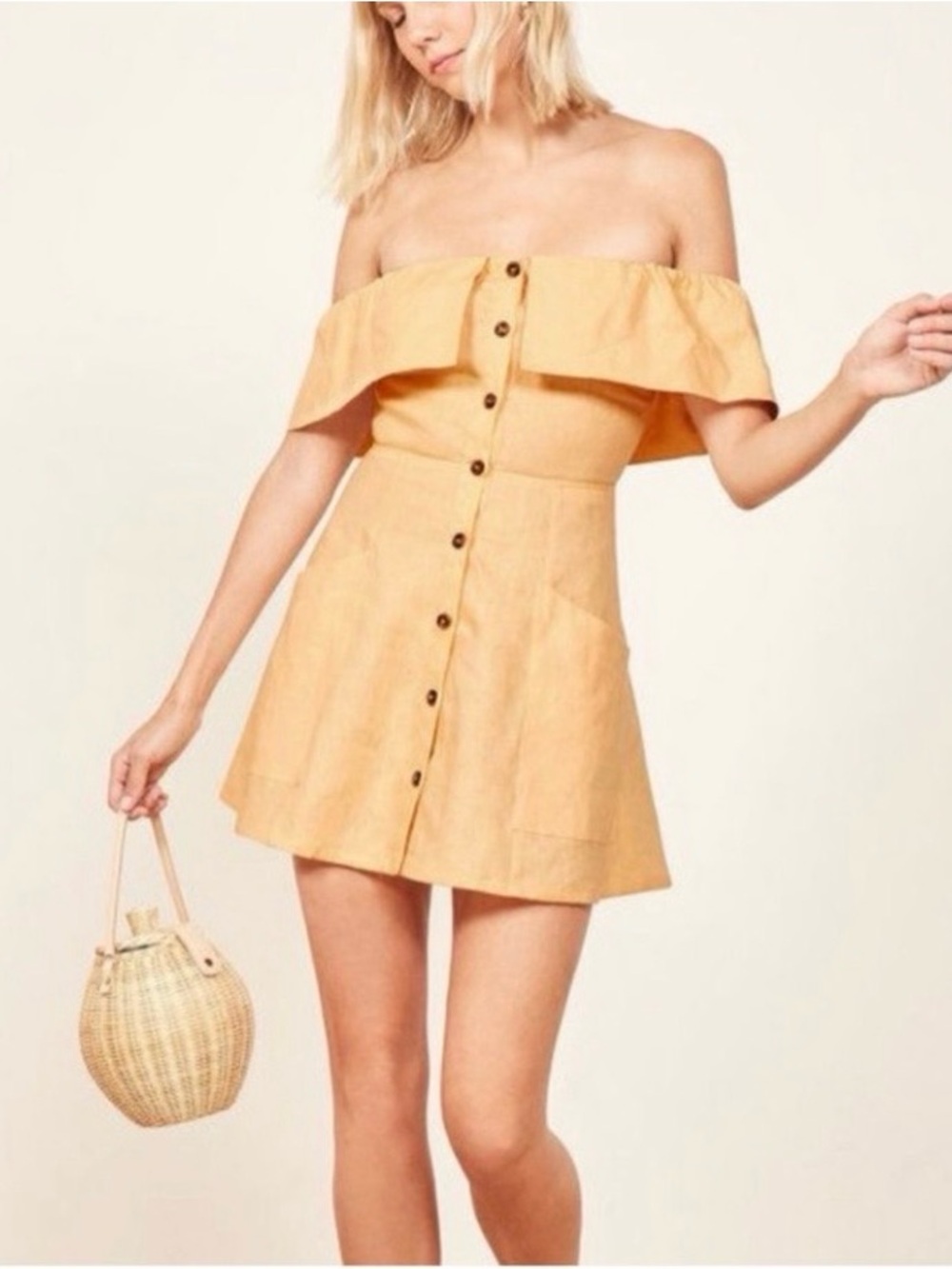 Reformation Off-Shoulder Button-Front Landy Mini Dress in Mustard Yellow 0